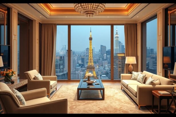 Luxus szálloda nappalija csodás kilátással a városra.