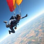 Ejtőernyős ugrás közben a levegőben, szép táj felett.