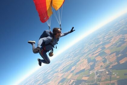 Ejtőernyős ugrás közben a levegőben, szép táj felett.