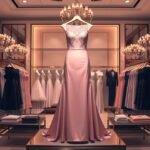 Elegáns alkalmi ruhák bemutatása egy divatboltban.