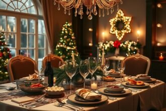 Elegáns szilveszteri vacsoraparti asztal otthon, ünnepi dekorációval.