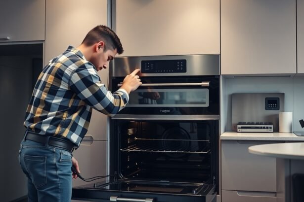 Fiatal férfi elektromos sütőt telepít egy modern konyhában.