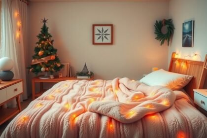 Téli szoba elektromos takaróval és karácsonyi dekorációval