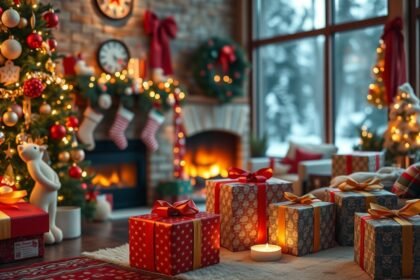 Karácsonyi dekoráció ajándékcsomagokkal és fával
