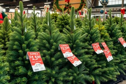 Élő fenyőfák különböző árakon karácsonyi díszítéshez