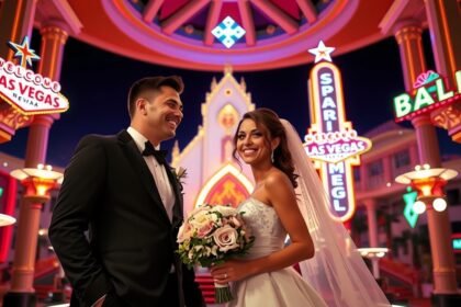 Pár esküvői ruhában Las Vegas neonfényes hátterével