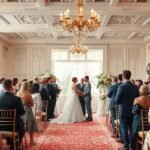 Esküvő szertartás egy elegáns helyszínen barátokkal és családdal