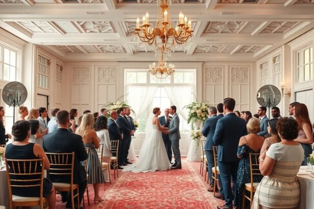 Esküvő szertartás egy elegáns helyszínen barátokkal és családdal