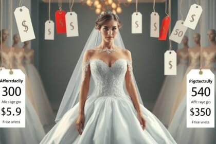 Egy fiatal nő esküvői ruhában árakkal körülvéve.