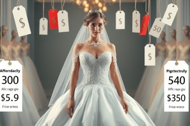 Egy fiatal nő esküvői ruhában árakkal körülvéve.