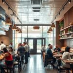 Modern étterem belső tér forgalmas vendégekkel és személyzettel.