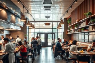 Modern étterem belső tér forgalmas vendégekkel és személyzettel.