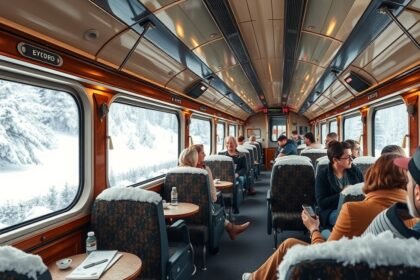 Téli vonatút Európában, az utasok kényelmesen ülnek az ablak mellett.