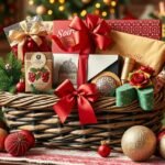 Karácsonyi ajándékkosár prémium termékekkel és díszítéssel.