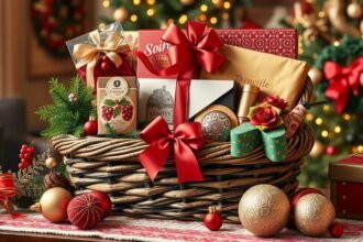 Karácsonyi ajándékkosár prémium termékekkel és díszítéssel.