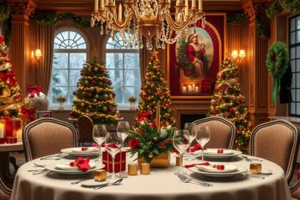 Elegáns ünnepi asztal exkluzív karácsonyi dekorációval