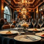 Elegáns fine dining étterem belső tere Magyarországon, asztal terítve.