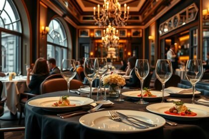 Elegáns fine dining étterem belső tere Magyarországon, asztal terítve.