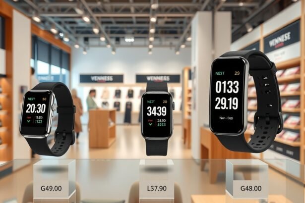 Fitnesz karkötők kiállítva egy boltban, különböző árakkal.