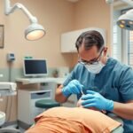 Fogorvos kezelése fogtömés közben a rendelőben