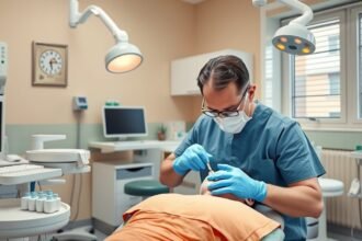 Fogorvos kezelése fogtömés közben a rendelőben