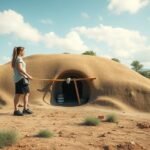 Földház építése egy nő segítségével.