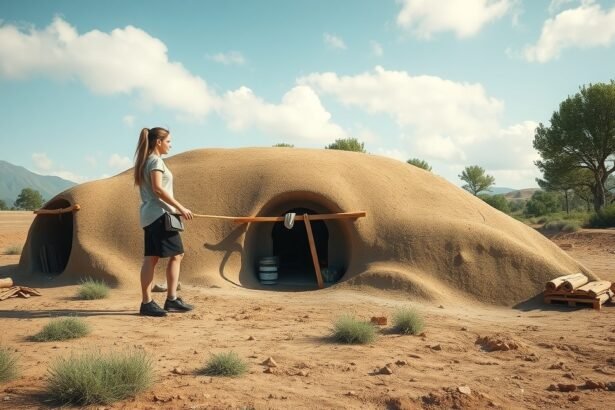 Földház építése egy nő segítségével.