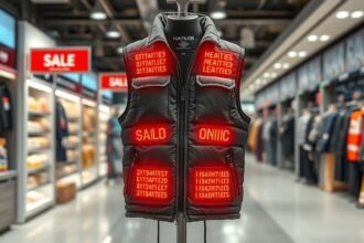 Fűthető mellény boltban, különböző feliratozással.