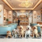 Modern állathotel belső tér, kutyák és macskák társaságában