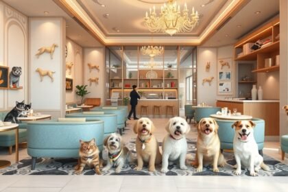 Modern állathotel belső tér, kutyák és macskák társaságában