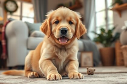 Golden retriever kiskutya otthoni környezetben