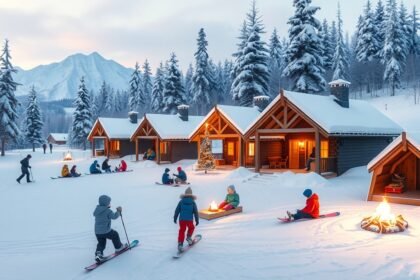 Gyermekek a gyermektéli táborban, fatáborok közt hóban