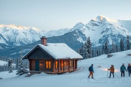Téli kirándulás hütte a hegyekben, hóval borítva