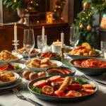 Hagyományos olasz karácsonyi menü terített asztalon