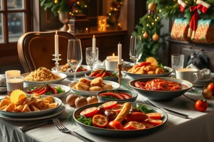 Hagyományos olasz karácsonyi menü terített asztalon