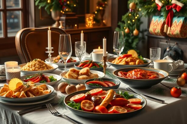 Hagyományos olasz karácsonyi menü terített asztalon