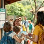 Látogatók az állatkert pénztáránál jegyekért várakoznak