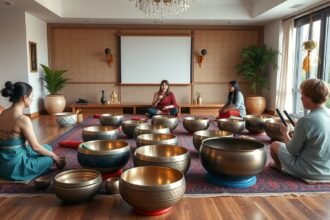 Hangtál tanfolyam résztvevői meditálnak hangtálakkal