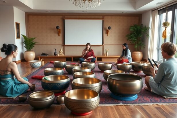 Hangtál tanfolyam résztvevői meditálnak hangtálakkal