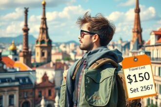 Hátizsákos utazó városnézés közben, 150 dolláros költséggel.