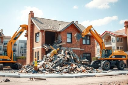Ház bontása gépekkel, építkezési munkások által végzett bontási folyamat.