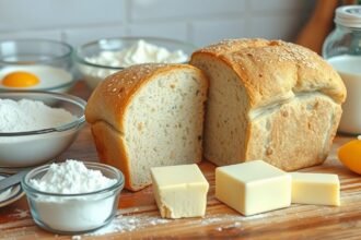 Friss házi kalács és alapanyagok, mint tojás, vaj és liszt.