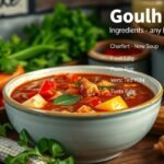 Házi készítésű gulyásleves friss zöldségekkel és fűszerekkel.