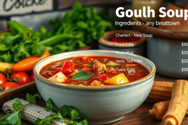 Házi készítésű gulyásleves friss zöldségekkel és fűszerekkel.