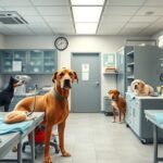 Különböző kutyák az állatkórházban ellátás alatt.