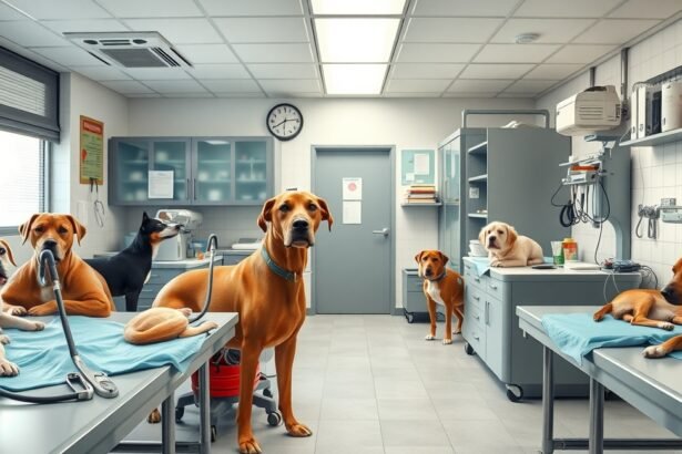 Különböző kutyák az állatkórházban ellátás alatt.