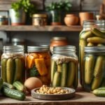 Házi kovászos uborka befőttesüvegekben, különböző zöldségekkel.