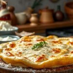 Finom házi lángos tejföllel és sajttal tálalva, friss hozzávalókkal.