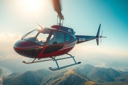 Helikopteres élményrepülés a levegőben, gyönyörű táj felett.