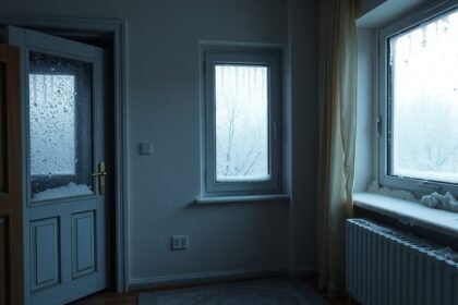 Fűtetlen lakás ablakai, jég és pára a fűtés hiánya miatt